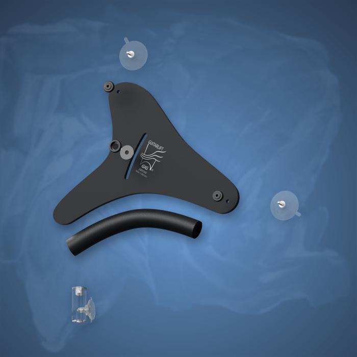3D-Explosionsansicht des Guitarlift Gig Electric und seiner Befestigungsteile
