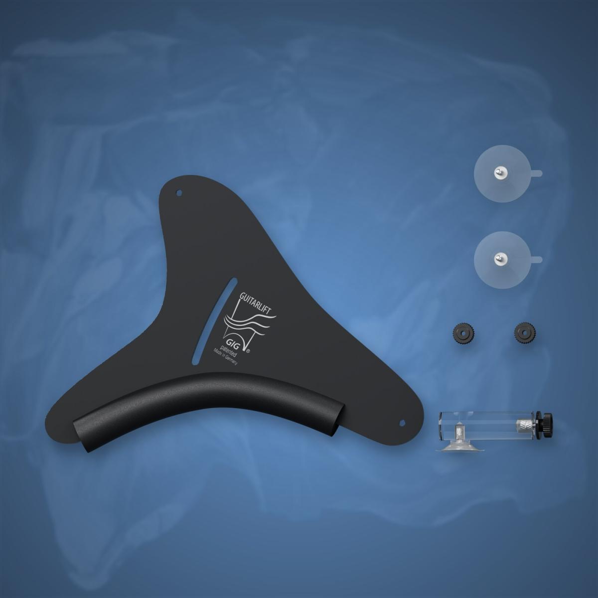 Guitarlift Gig mit Platte, Beinauflage, Saugnäpfen, Muttern und Zargenkonsole