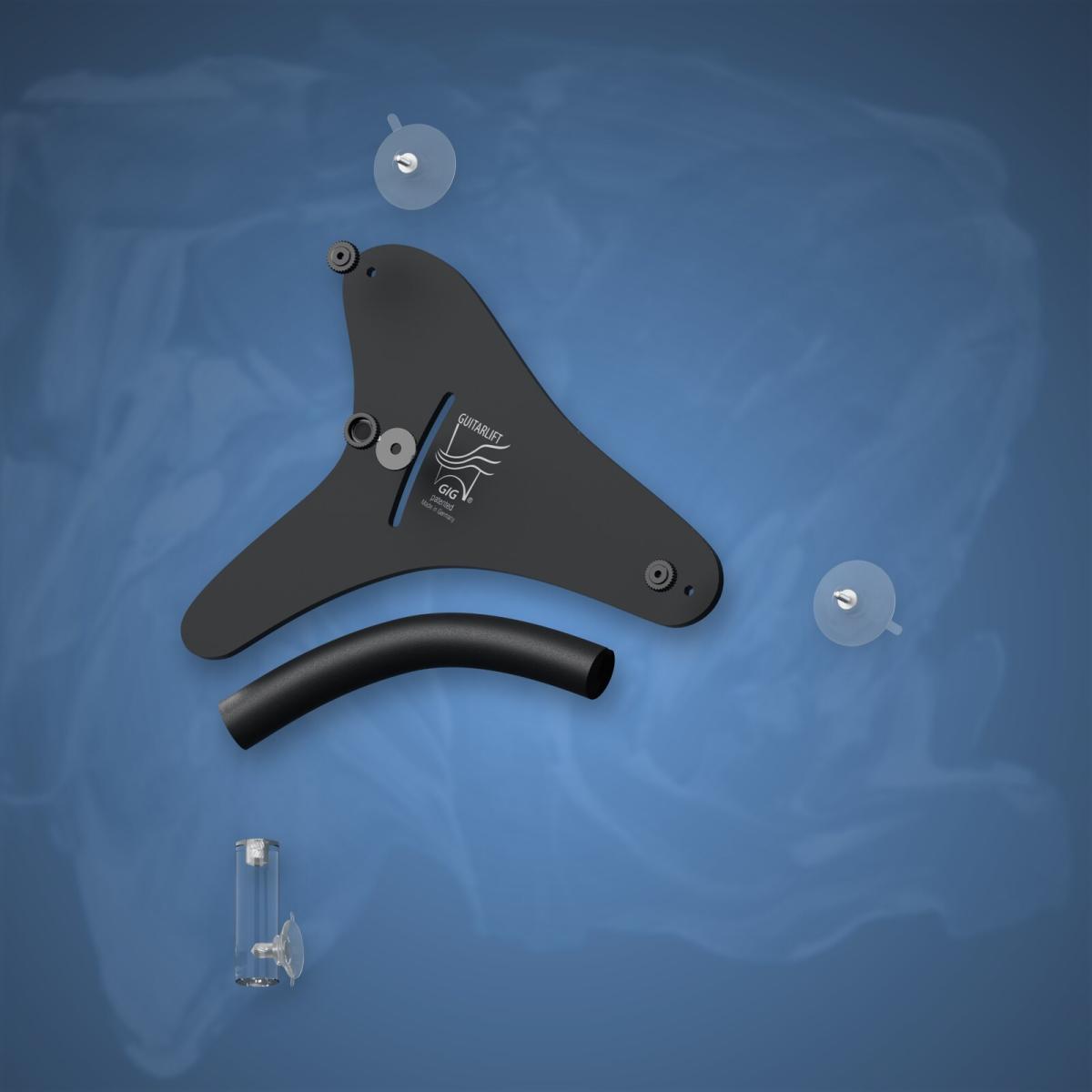 3D-Explosionsansicht des Guitarlift Gig und seiner Befestigungsteile